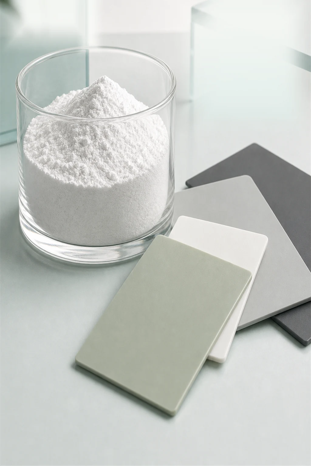 Matting agent powder in a clear container with matte plastic sheets